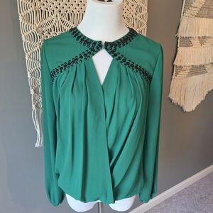 Women's Emerald Green Blouse with Black Accents